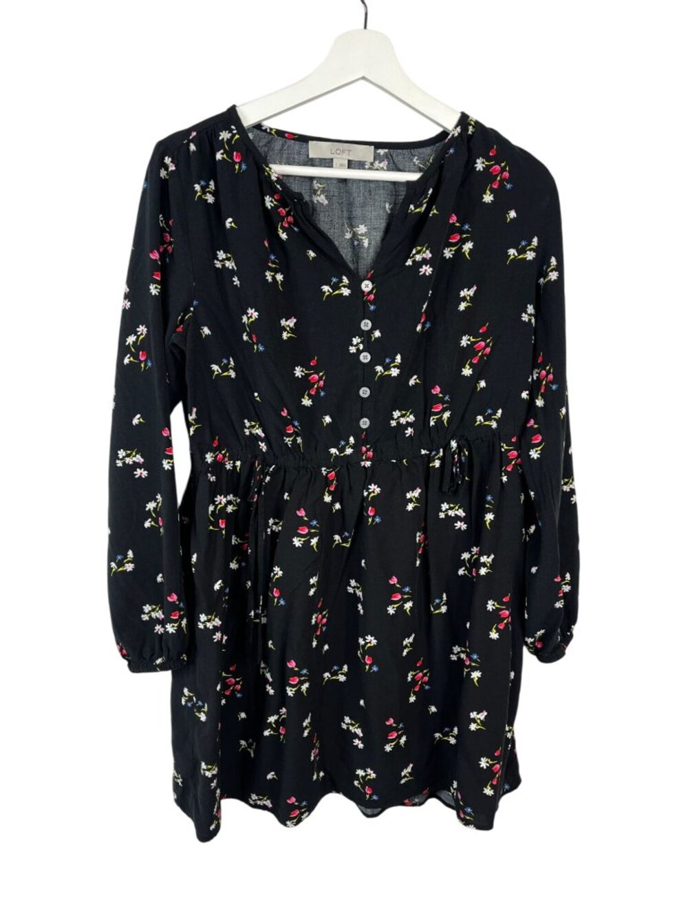 LOFT Women's Black Floral Mini Dress Size S Long Sleeve Boho Cottage